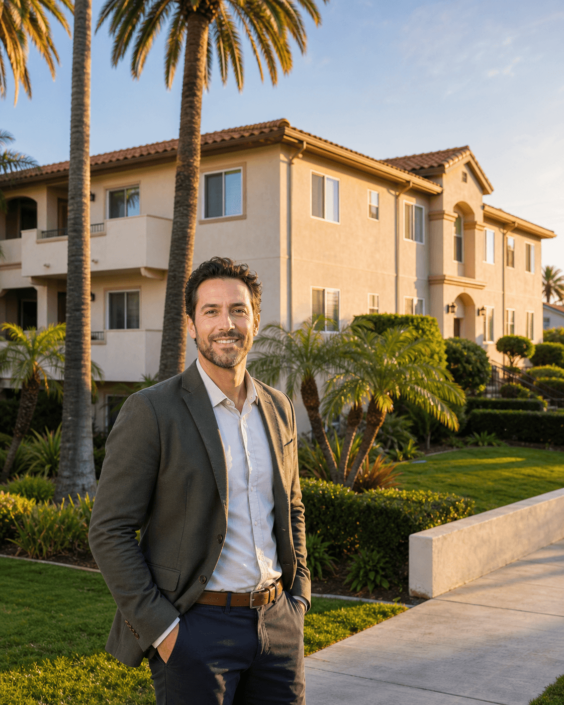 California apartment building at golden hour